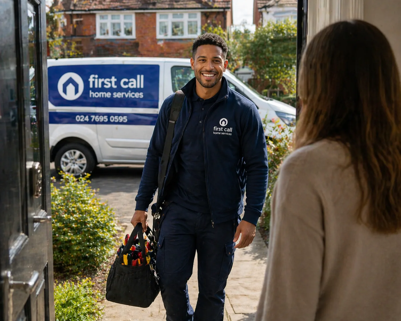 First Call Home Services engineer arriving at a customer’s front door