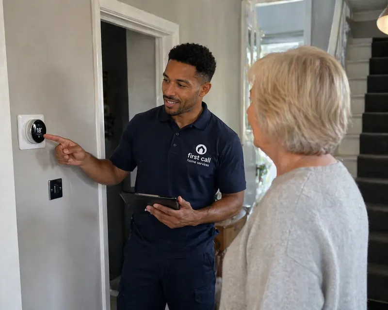First Call Home Services engineer explaining a Nest thermostat to a customer